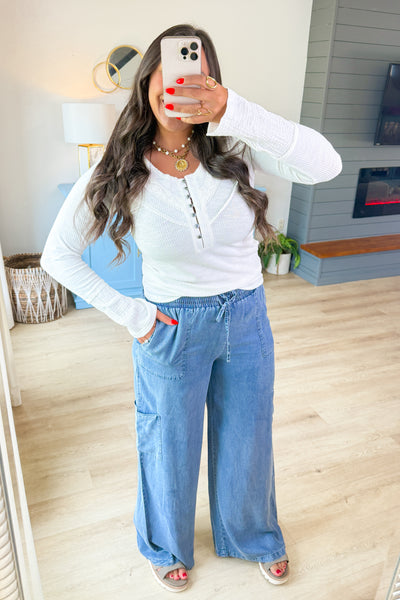 Coastal Ease Chambray Pants – Wide Leg Denim Lounge Pants – Poppy Jane