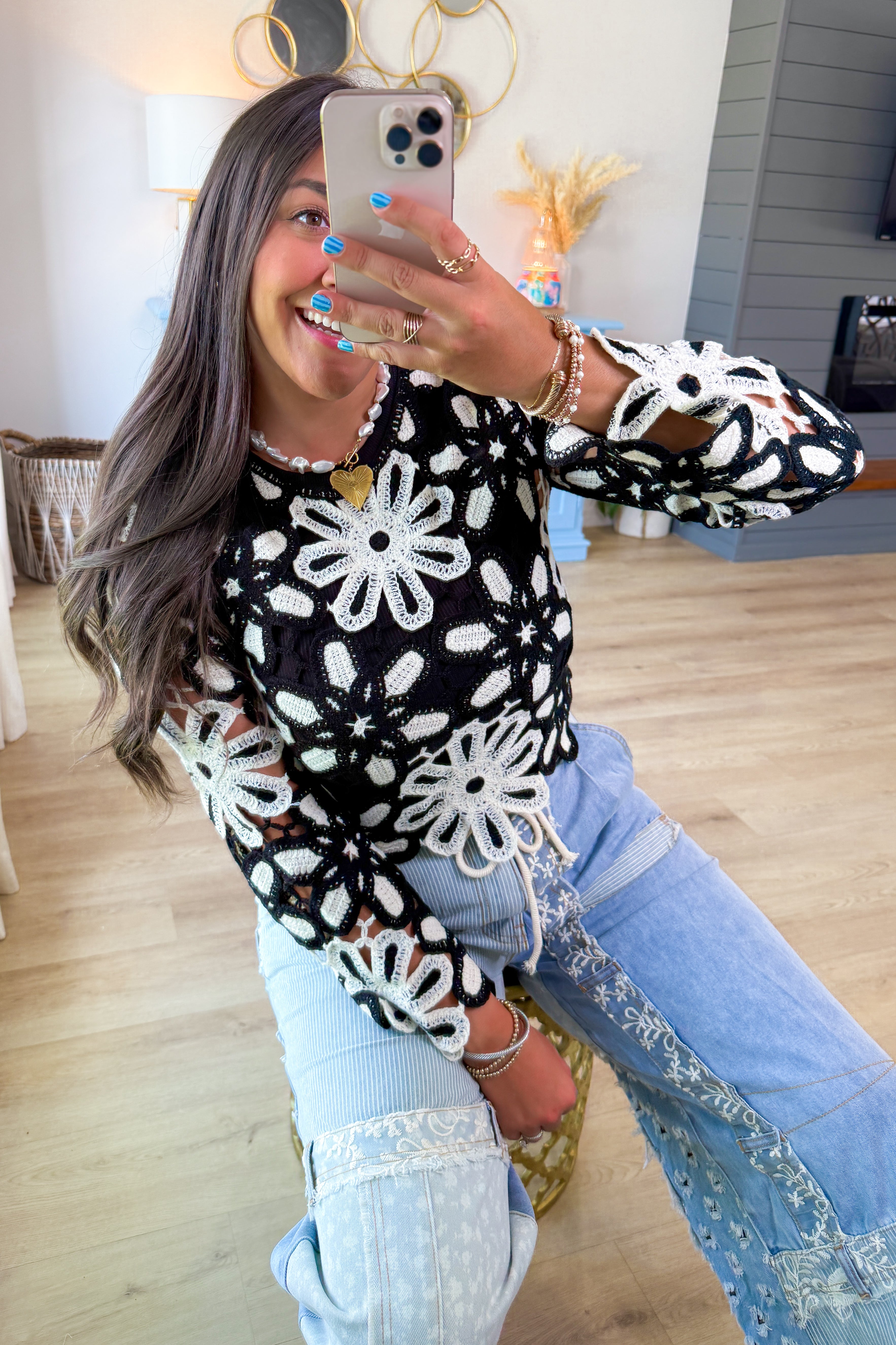 Moonflower Mosaic Crochet Top – Black & Cream Floral Knit Pullover