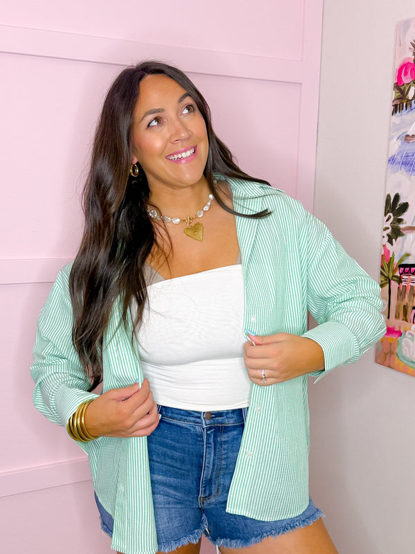 Coastal Walk Striped Buttoned Top- Green