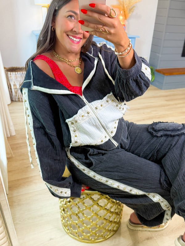 The Jules Studded Zip Up Hoodie – Black