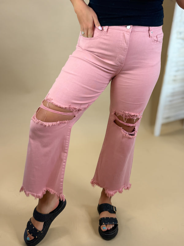 Rhea Wide Leg Distressed Jeans- Peach