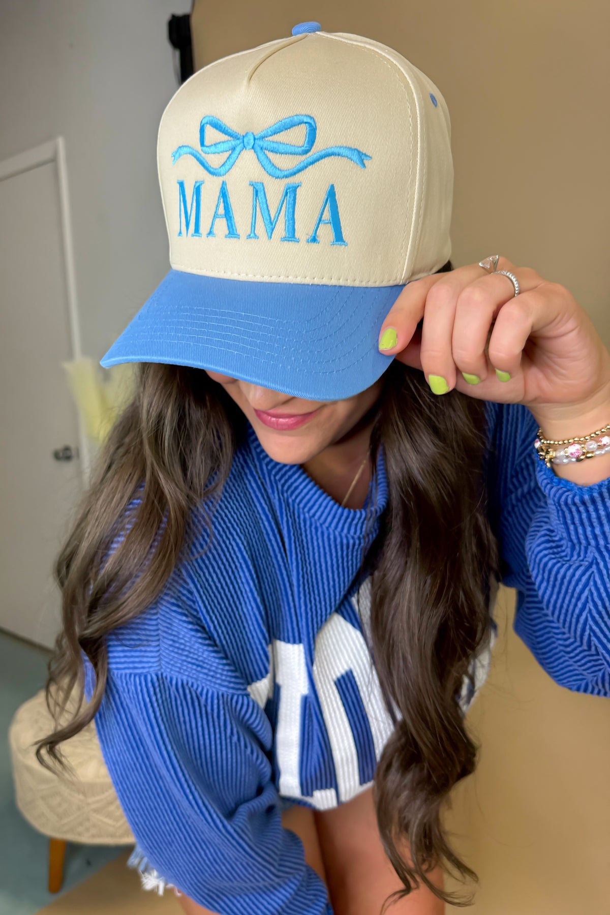 M.A.M.A. Bow Collection - Women\'s Visor Hat | Blue & White Mama & Mini Bow Baseball Hat Set (Baby & Adult, Youth  main image 4