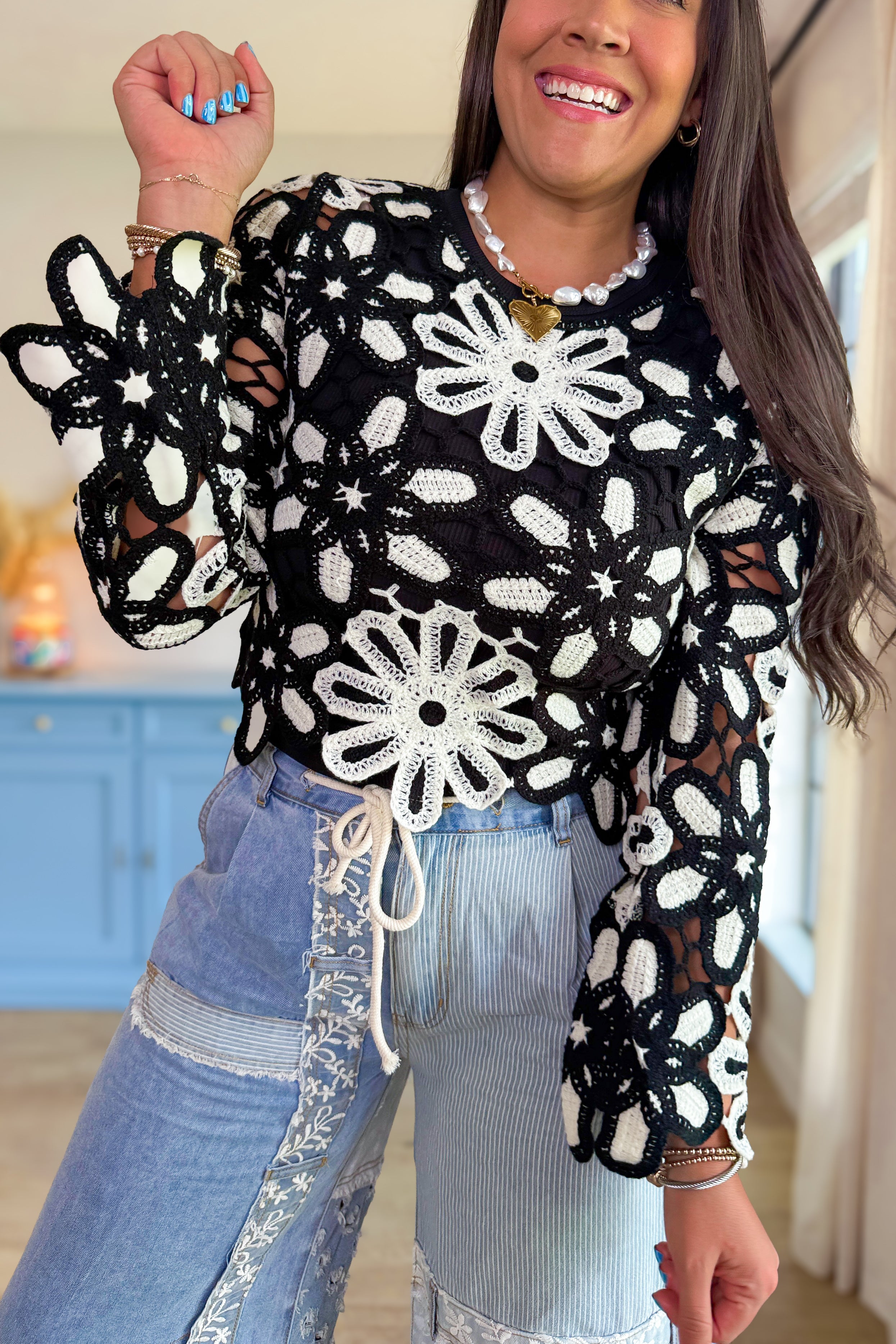 Moonflower Mosaic Crochet Top – Black & Cream Floral Knit Pullover