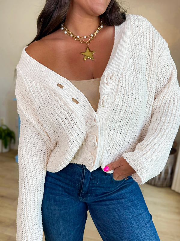 Blossom Button Knit Cardigan- Ivory