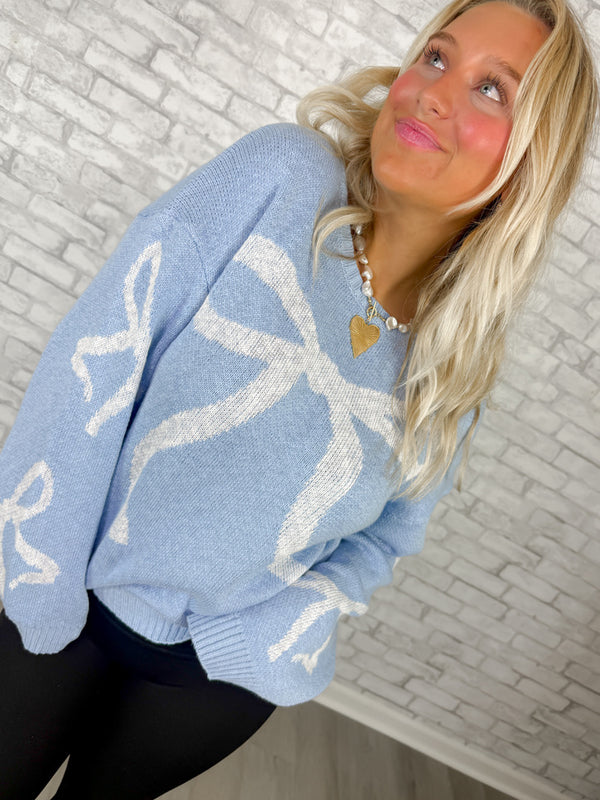 Pretty Please Bow Sweater- Blue