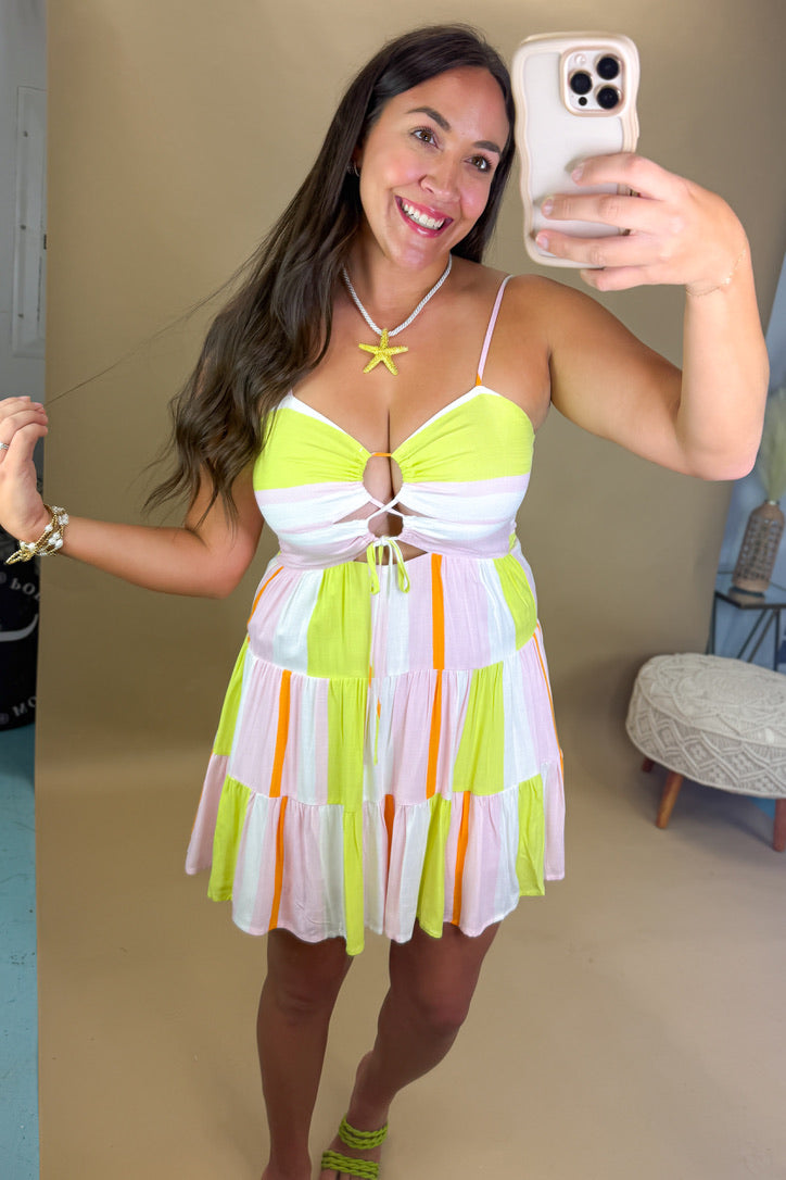 Sunset Swirl Ruched Mini Dress – Tiered Stripe Summer Dress