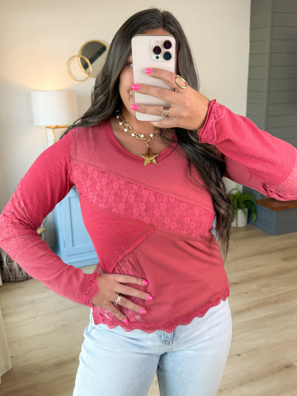 Wander Free Lace Detail Top- Wine