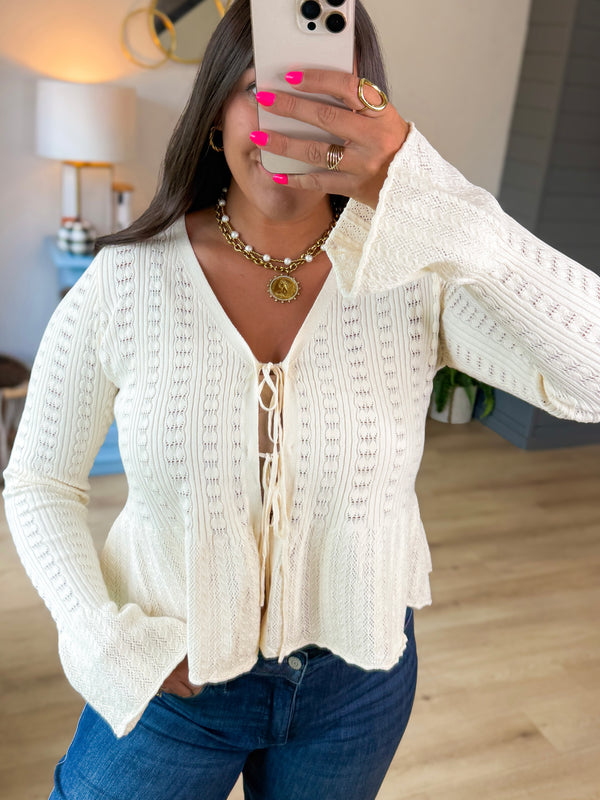 Olivia Peplum Tied Knit Cardigan- Cream