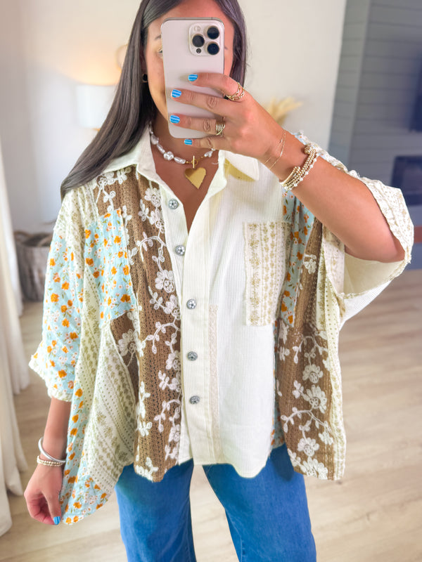 Autumn Collage Button-Up Top