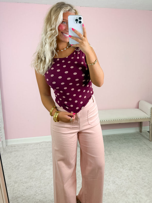 The Muse Polka Dot Top- Wine & Blush