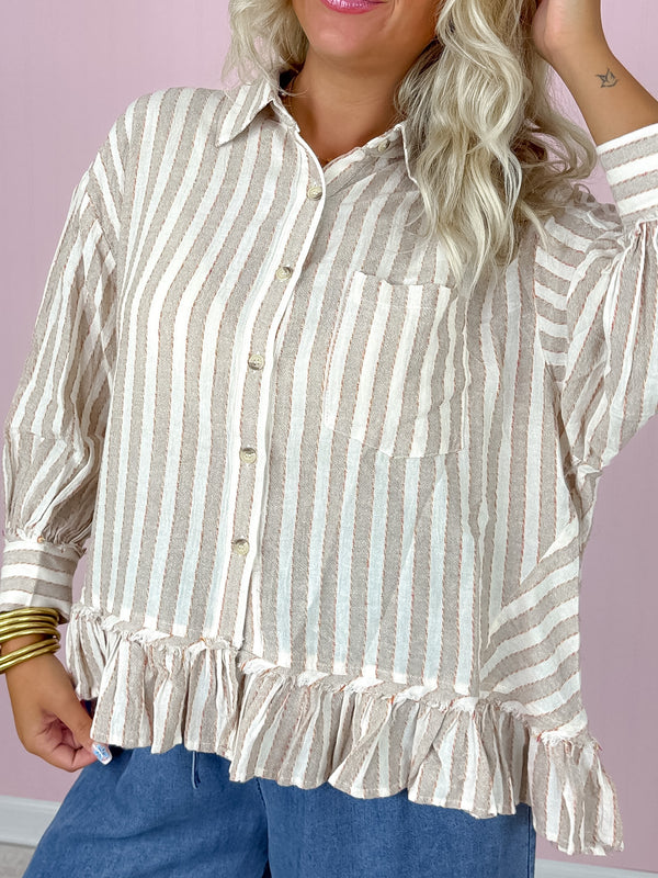 Molly Peplum Striped Top- Taupe