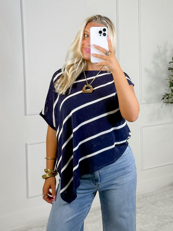 The Harper Asymmetrical Top- Navy/ White