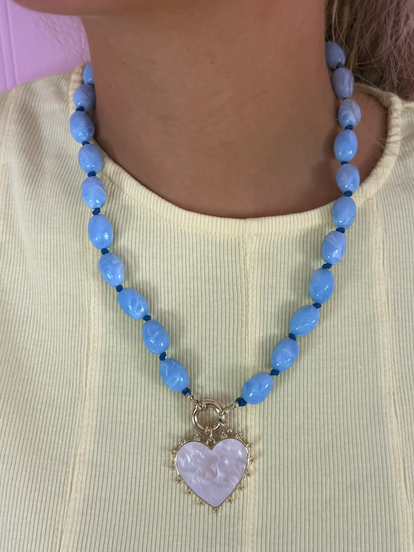 Blue Beaded Heart Necklace