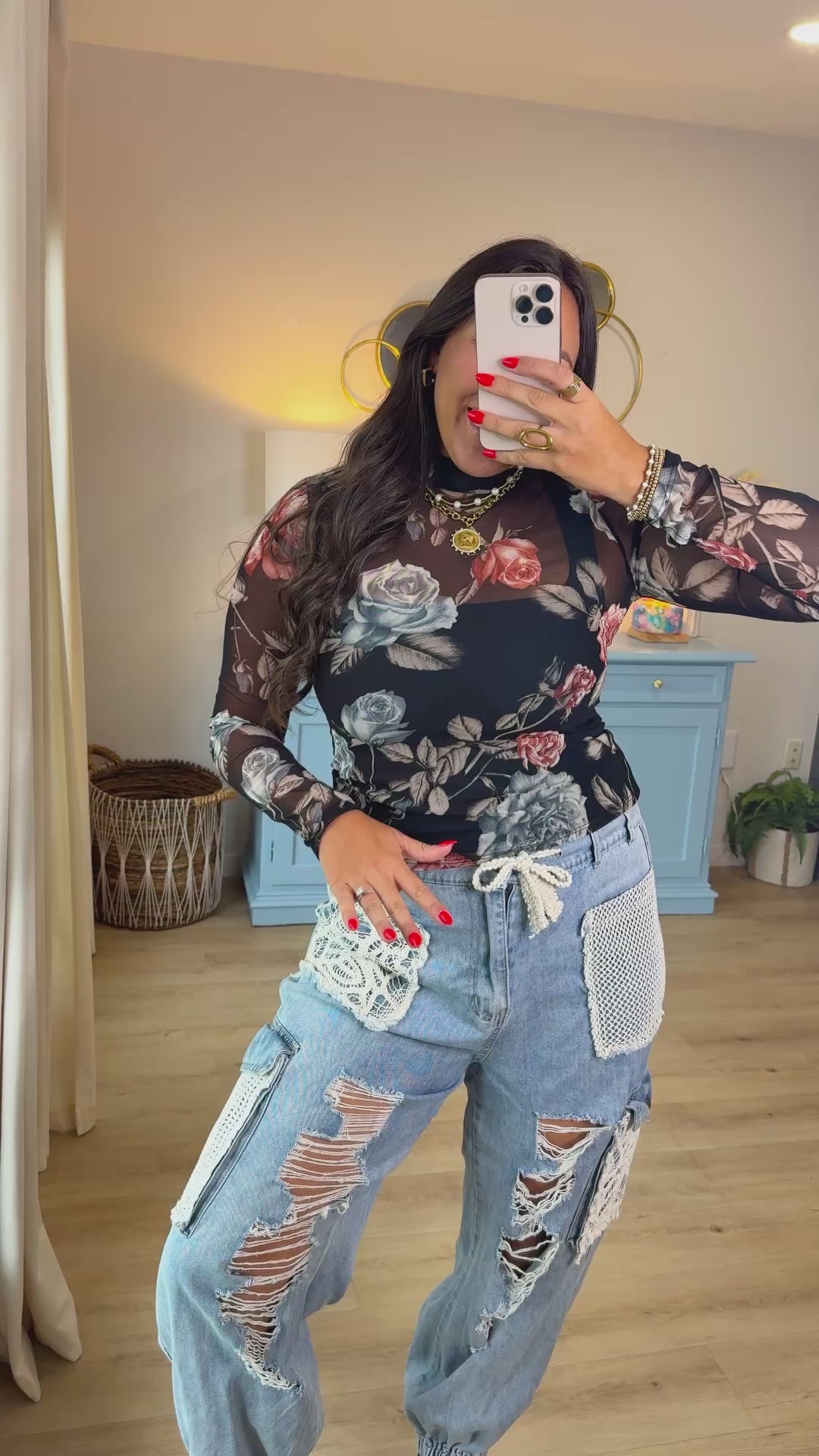 Twilight Rose Sheer Top | Floral Mesh Long Sleeve – Poppy Jane